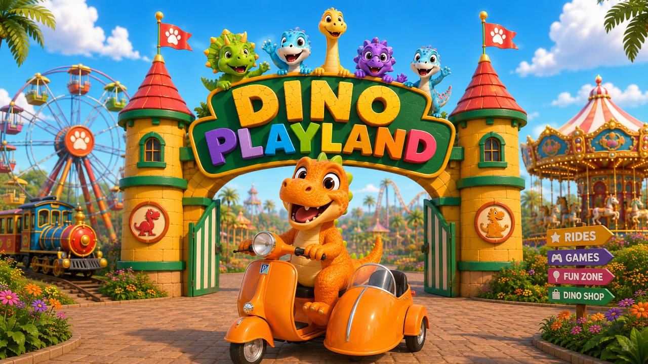 Darko naik Vespa di gerbang Dino Playland