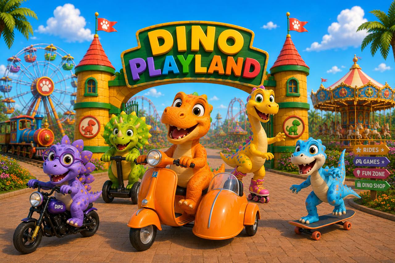 Karakter Dino bermain berbagai wahana