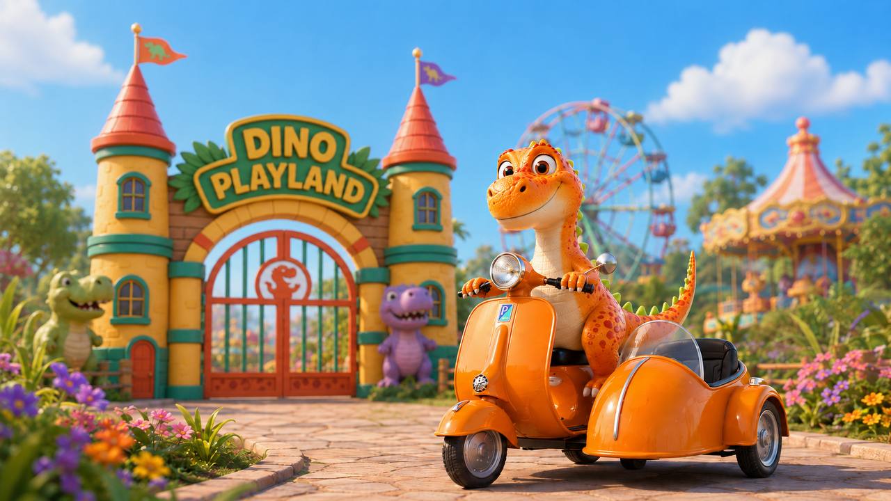 Darko mengendarai Vespa di Dino Playland